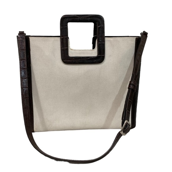 STAUD Handbags - STAUD SHIRLEY LEATHER TRIMMED CANVAS TOTE - TAN CANVAS-CROC EMBOSSED LEATHER S2